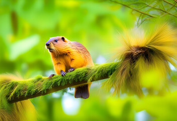 Wall Mural - yellow beaver bird hanging by the nest with lush green soft focus background