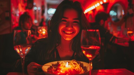 Sticker -   A woman sits at a table, a plate of food before her, a glass of wine nearby