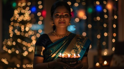 Sticker -   A woman in a sari holds a candle-lit cake before a Christmas tree, adorned with twinkling lights