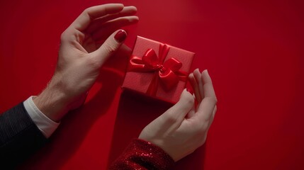 Wall Mural -   A woman's hands grasp a red gift box, adorned with a red sequined ribbon, against a solid red backdrop