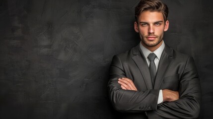 Wall Mural -   A man in a suit and tie stands before a chalkboard, arms crossed