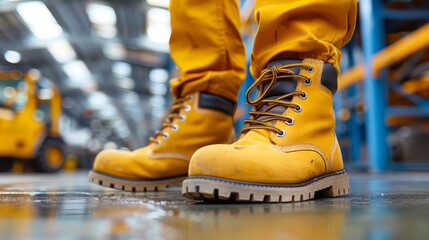 Sticker -   A tight shot of yellow boots on a conveyor belt, surrounded by the background of a forklift at work