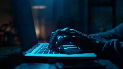 Wall Mural -   A tight shot of someone typing on a laptop in a dimly lit room, the screen emitting a bright blue light