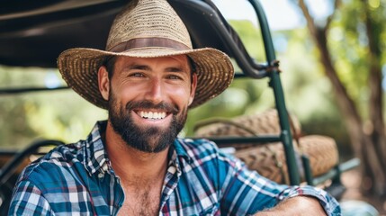 Wall Mural -   A man, dressed in a plaid shirt and wearing a straw hat, sits happily before a golf cart