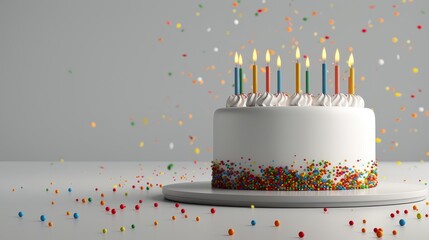 Wall Mural -   A birthday cake, white-frosted with multi-colored sprinkles, on a gray plate