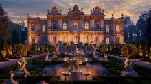 A Grandiose Baroque Mansion Under The Soft Light Of Dawn, With Ornate Sculptures And Gold Leaf Details Shimmering Against A Backdrop Of Meticulously Trimmed Hedges
