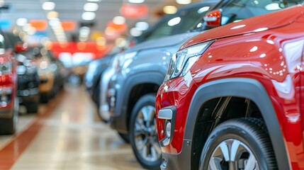 Wall Mural -   A row of cars in a showroom, each adorned with red lights atop and blue lights reflecting below from the floor