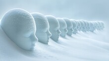   A Straight Line Of White Heads In The Snow, Surrounded By More White Heads Forming Rows On Either Side