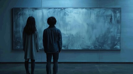 Wall Mural -   Two individuals face a sizable painting in a dimly lit room Blue light filters in from the window