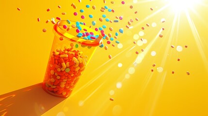 Poster -   A yellow backdrop holds a cup brimming with confetti and sprinkles, surrounded by a sunburst