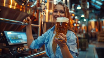 Poster -   A woman in a blue shirt holds a glass of beer before a conveyor belt A machine stands in the background