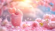 Whimsical and vibrant image featuring pink yogurt ice cream garnished with cream. Fresh berries. And strawberries. All set within a magical. Fluffy pink frame against a backdrop of blossoming flowers