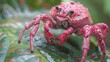   A tight shot of a red and white crab perched on a wet leaf, dotted with water droplets clinging to its body
