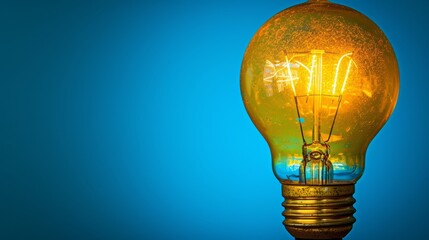 Poster -   A light bulb, closely framed, against a backdrop of blue Reflection of its glow mirrored on bulb's surface