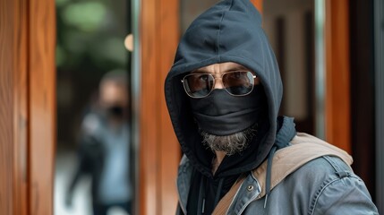 Canvas Print -   A man in black mask and jacket stands before building's door