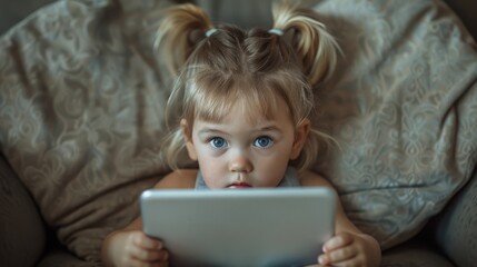 Poster -   A young girl, seated on a couch, gazes at the camera with a startled expression as she holds a tablet in her lap