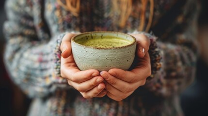 Wall Mural -   A tight shot of a hand holding a cup filled with verdant liquid