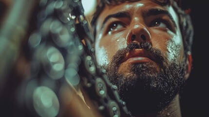 Wall Mural -   A close-up of a man with a chain around his neck, beaded with water droplets, dripping from his face