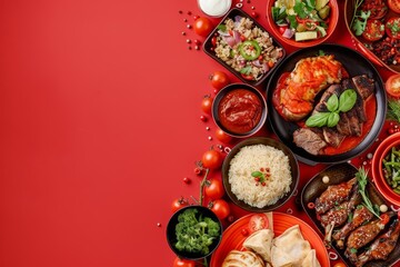 A Creative Banner of gourmet cuisine features a spread of international dishes, and element of main concept with solid color background and with large copy space for text