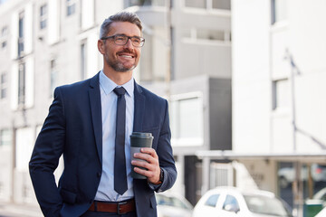 Poster - Happy, businessman and coffee in city for morning, travel and career in New York. Lawyer, corporate male person and hot beverage on sidewalk for journey, smile and walking to work in Manhattan