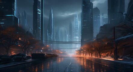 Wall Mural - a futuristic city with a river