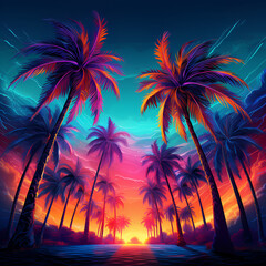 Poster - Abstract colorful palm trees at night