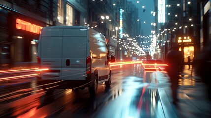 Wall Mural - a van driving down a city street at night time