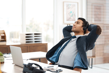 Poster - Headset, man and relax for rest in office with customer service, tech and web support. Male agent, headphones and target complete with laptop at call center for client advice, consulting and telecom