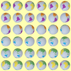 Poster - Collection of planet globes. Tilted sphere view. Rotation step 10 degrees. Colored continents style. World map with dense graticule lines on luminosity background. Delicate vector illustration.