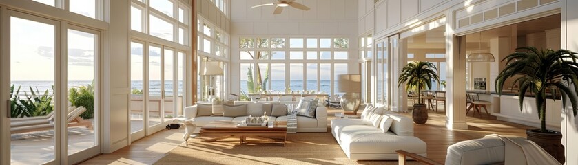 The renovation of a modern home introduces a Hampton style living room interior, blending coastal elegance with comfort, Interior 3d render Sharpen highdetail realistic concept