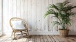 © Bonnie - white wood plank wall and wooden floor decorate with rattan lounge chair decorate wall with green plant