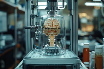 Poster - A meticulously crafted brain model showcased inside a transparent glass container illustrating medical research