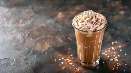 Wall Mural - Iced coffee in a tall glass with cream on dark background