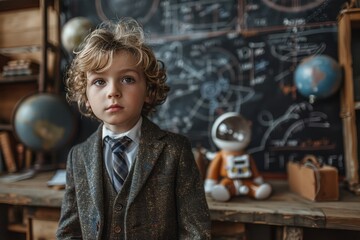 Elegant young boy in a suit standing in front of a blackboard with scientific illustrations, reflecting intellect and style