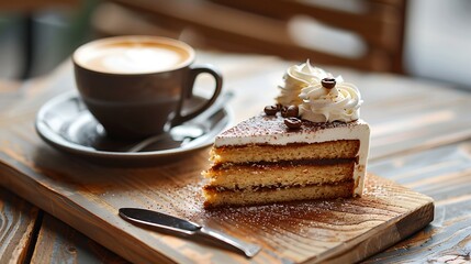 Wall Mural - One cup of espresso and piece of cake on a wooden board