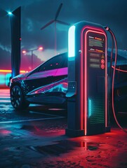 Poster - Cutting Edge Electric Vehicle Charging Station with Sleek and Sustainable Design Futuristic User Interface and Renewable Energy Sources