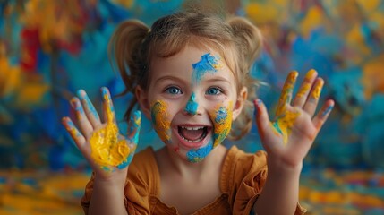 A young girl,wearing a bright color shirt, shows her hands and palms painted in vibrant color in the Holi or Colors Festival isolated on a colorful background.