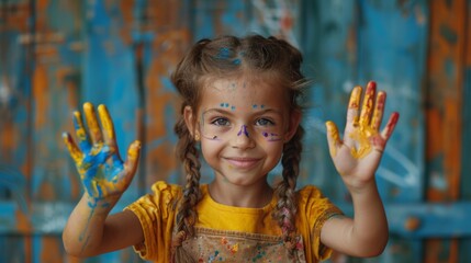 A young girl,wearing a bright color shirt, shows her hands and palms painted in vibrant color in the Holi or Colors Festival isolated on a colorful background.