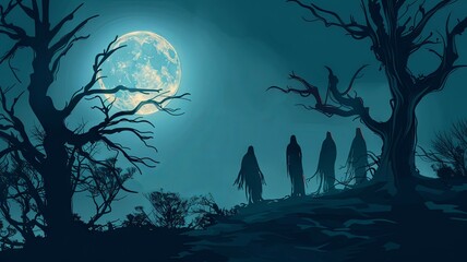 Canvas Print - Ghostly Figures Emerging from Shadows Under Ominous Full Moon in Bleak Bare Forest Landscape