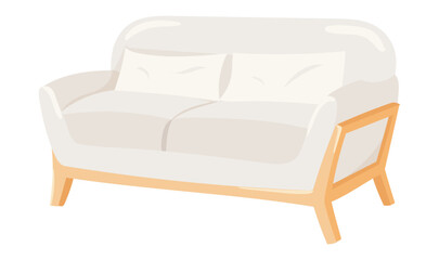 Poster - White sofa in flat design. Scandinavian couch with wooden legs and handles. Vector illustration isolated.
