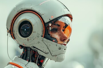 Poster - A close-up of a futuristic robotic head, revealing complex mechanisms, wear, and orange accents