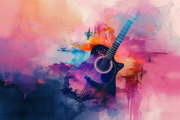 acoustic serenade colorful brush strokes and guitar silhouette abstract watercolor illustration