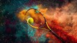 multicolored art deco tennis themed illustration of a yellow tennis ball hitting, a racket, red powder