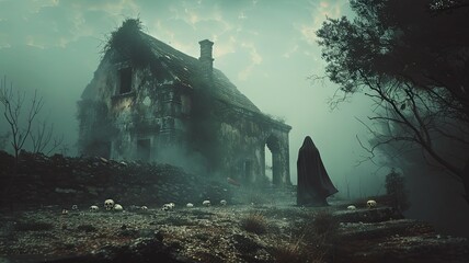 Sticker - Haunting Abandoned Mansion Shrouded in Mysterious Mist and Ominous Shadows