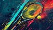 multicolored art deco tennis themed illustration of a yellow tennis ball hitting, a racket, red powder