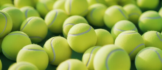A lot of bright tennis balls, a pattern of new tennis balls for the background. Many tennis balls. Sports background.