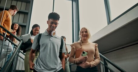 Poster - University, steps and friends walking with conversation, planning or happy subject discussion. College, stairs and gen z crowd of students leaving campus for group project, learning or education