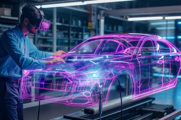 Wall Mural - Engineer using VR to inspect car hologram