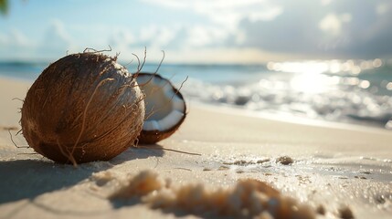 Wall Mural - coconut fruit lies serenely on the sun-kissed shores of the beach