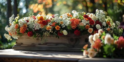 Wall Mural - At a memorial service, a bouquet of flowers adorns the coffin, symbolizing love and sorrow